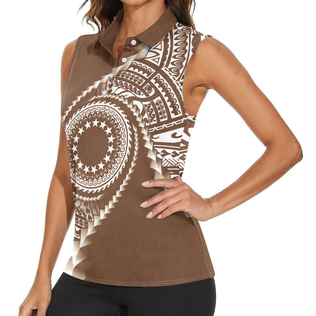 Cook Islands Gospel Day Women Sleeveless Polo Shirt Brown Tribal Curves