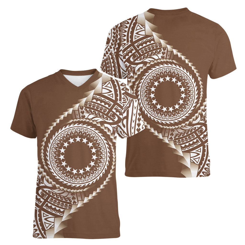 Cook Islands Gospel Day Women V-Neck T-Shirt Brown Tribal Curves