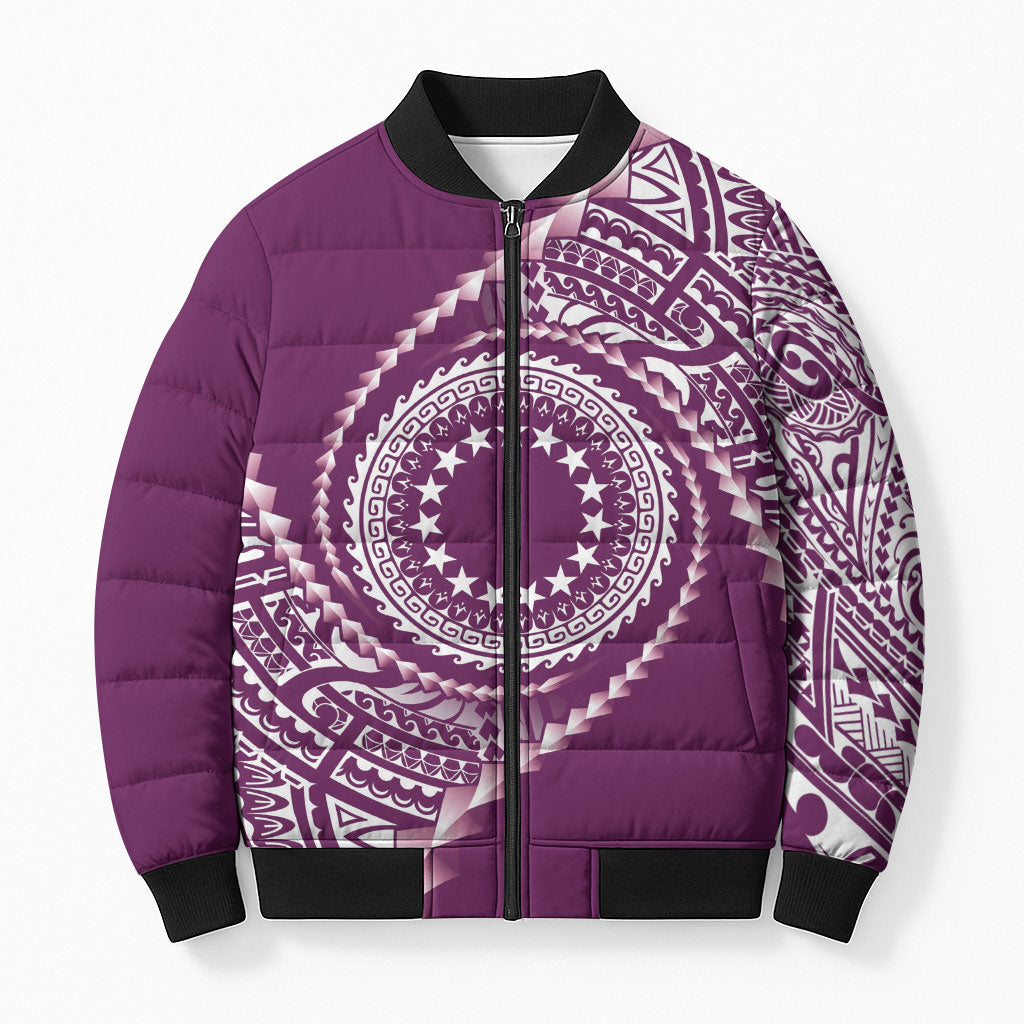 Cook Islands Gospel Day Bomber Puffer Jacket Maroon Tribal Curves