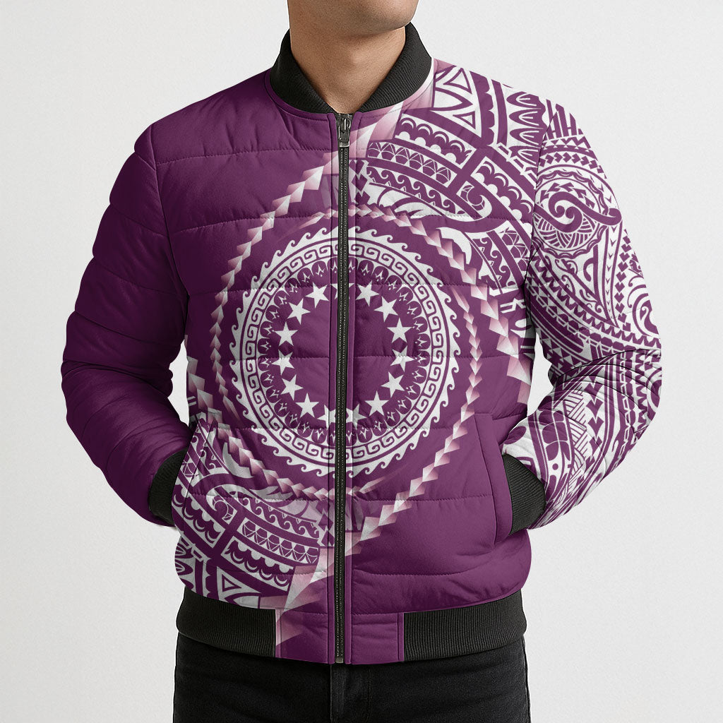 Cook Islands Gospel Day Bomber Puffer Jacket Maroon Tribal Curves