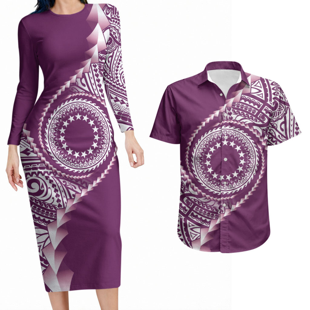 Cook Islands Gospel Day Couples Matching Long Sleeve Bodycon Dress and Hawaiian Shirt Maroon Tribal Curves