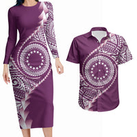Cook Islands Gospel Day Couples Matching Long Sleeve Bodycon Dress and Hawaiian Shirt Maroon Tribal Curves