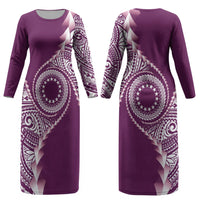 Cook Islands Gospel Day Couples Matching Long Sleeve Bodycon Dress and Hawaiian Shirt Maroon Tribal Curves