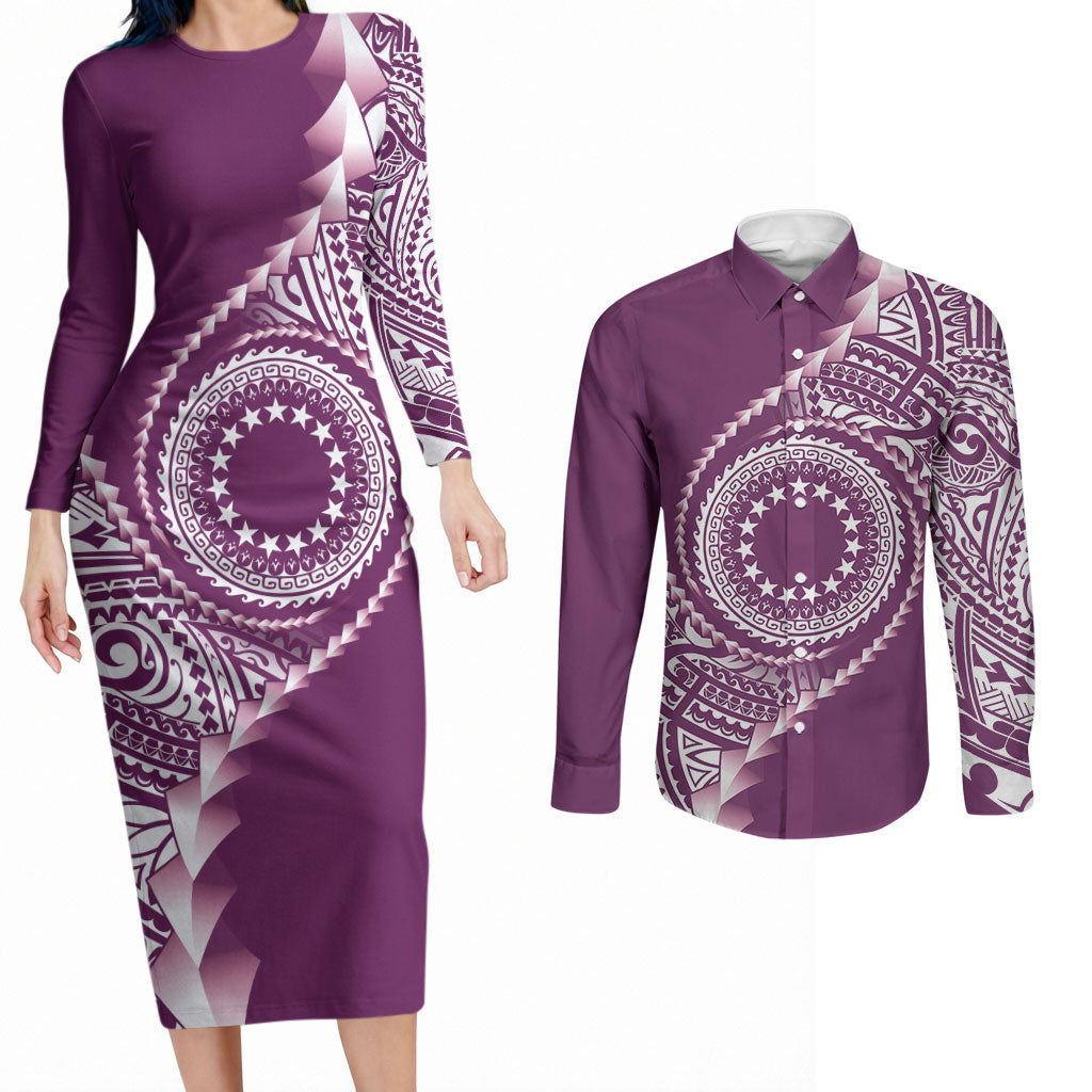 Cook Islands Gospel Day Couples Matching Long Sleeve Bodycon Dress and Long Sleeve Button Shirt Maroon Tribal Curves