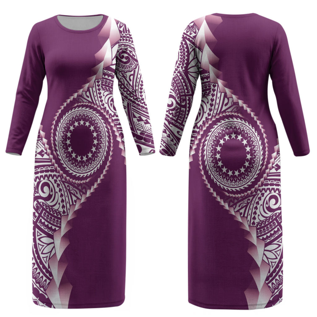 Cook Islands Gospel Day Couples Matching Long Sleeve Bodycon Dress and Long Sleeve Button Shirt Maroon Tribal Curves