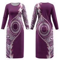 Cook Islands Gospel Day Couples Matching Long Sleeve Bodycon Dress and Long Sleeve Button Shirt Maroon Tribal Curves