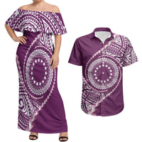 Cook Islands Gospel Day Couples Matching Off Shoulder Maxi Dress and Hawaiian Shirt Maroon Tribal Curves