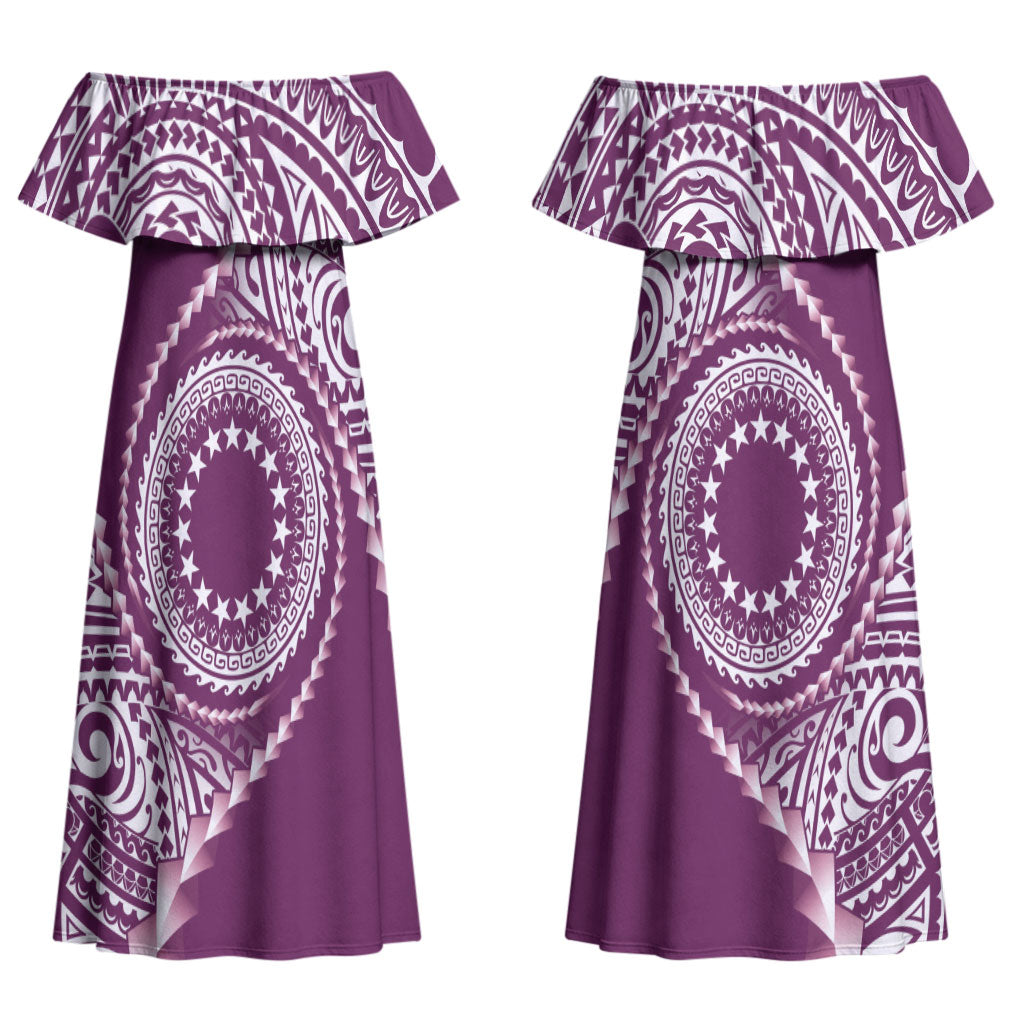 Cook Islands Gospel Day Couples Matching Off Shoulder Maxi Dress and Hawaiian Shirt Maroon Tribal Curves