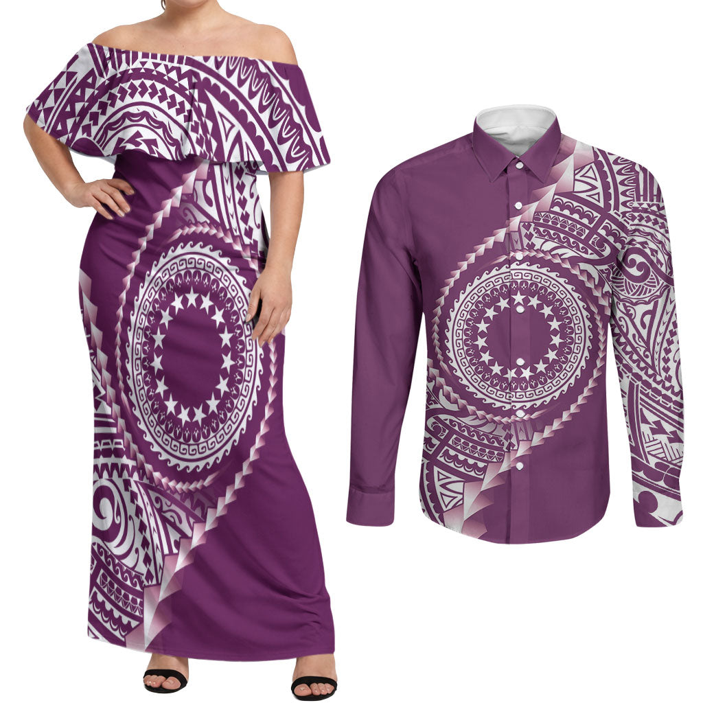 Cook Islands Gospel Day Couples Matching Off Shoulder Maxi Dress and Long Sleeve Button Shirt Maroon Tribal Curves