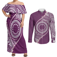 Cook Islands Gospel Day Couples Matching Off Shoulder Maxi Dress and Long Sleeve Button Shirt Maroon Tribal Curves