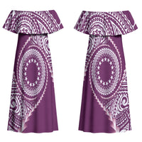 Cook Islands Gospel Day Couples Matching Off Shoulder Maxi Dress and Long Sleeve Button Shirt Maroon Tribal Curves