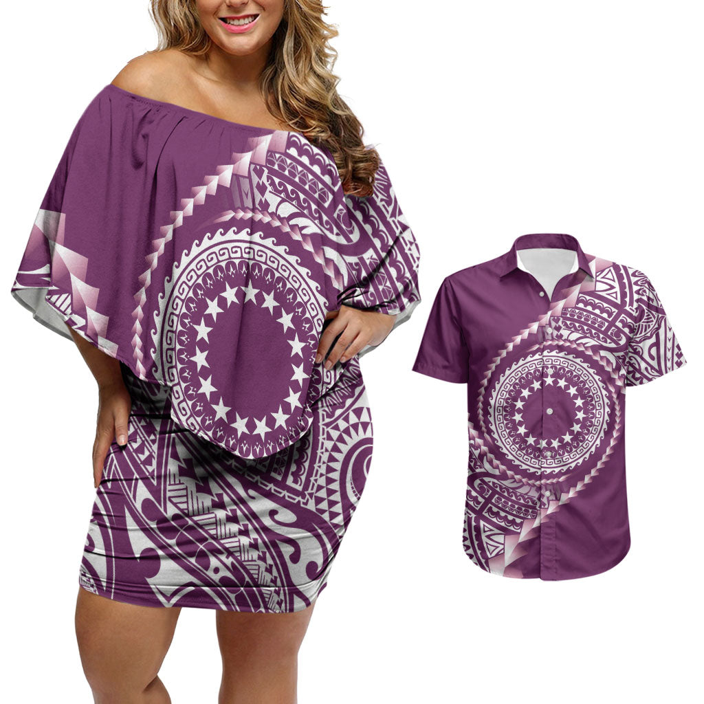 Cook Islands Gospel Day Couples Matching Off Shoulder Short Dress and Hawaiian Shirt Maroon Tribal Curves