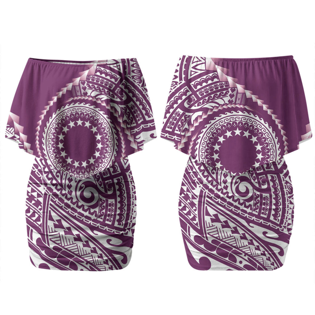 Cook Islands Gospel Day Couples Matching Off Shoulder Short Dress and Hawaiian Shirt Maroon Tribal Curves