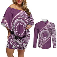 Cook Islands Gospel Day Couples Matching Off Shoulder Short Dress and Long Sleeve Button Shirt Maroon Tribal Curves