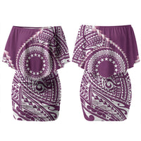 Cook Islands Gospel Day Couples Matching Off Shoulder Short Dress and Long Sleeve Button Shirt Maroon Tribal Curves