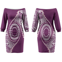 Cook Islands Gospel Day Couples Matching Off The Shoulder Long Sleeve Dress and Hawaiian Shirt Maroon Tribal Curves