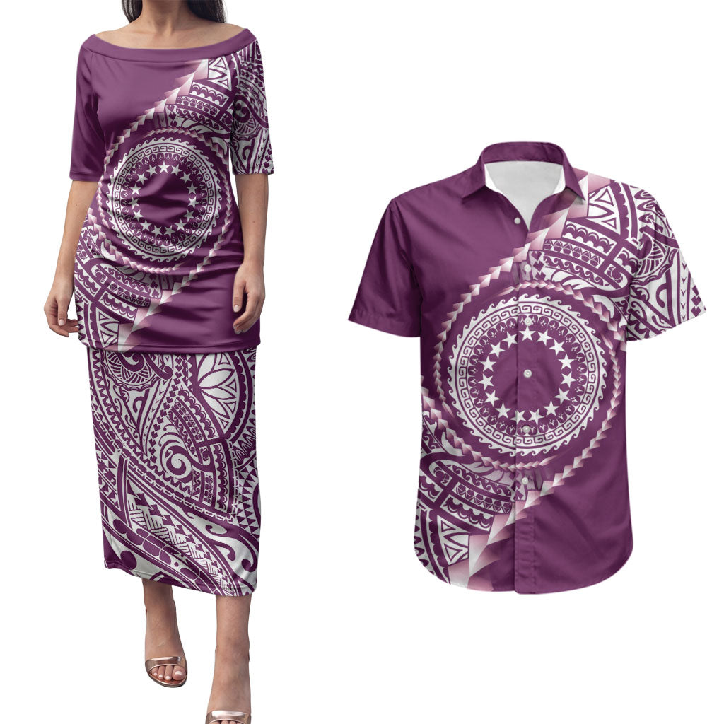 Cook Islands Gospel Day Couples Matching Puletasi and Hawaiian Shirt Maroon Tribal Curves