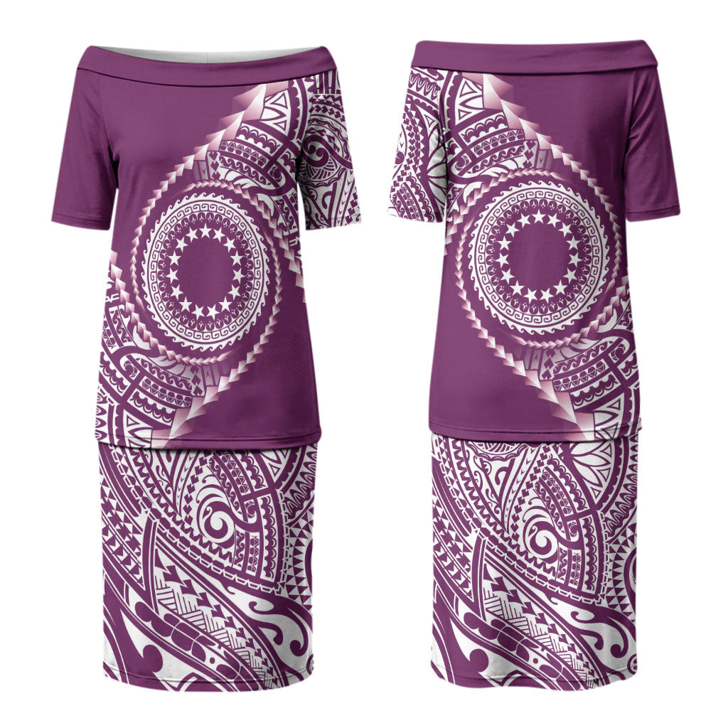 Cook Islands Gospel Day Couples Matching Puletasi and Long Sleeve Button Shirt Maroon Tribal Curves