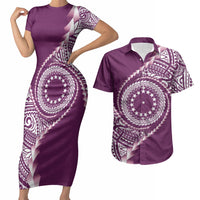 Cook Islands Gospel Day Couples Matching Short Sleeve Bodycon Dress and Hawaiian Shirt Maroon Tribal Curves