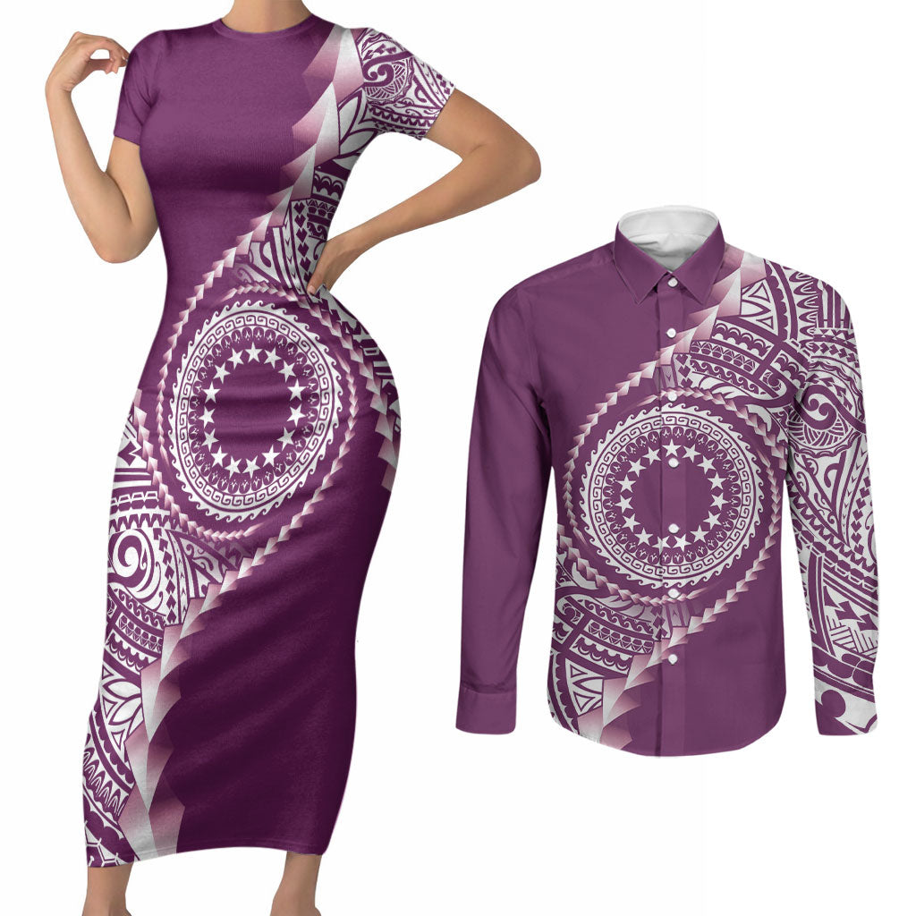 Cook Islands Gospel Day Couples Matching Short Sleeve Bodycon Dress and Long Sleeve Button Shirt Maroon Tribal Curves