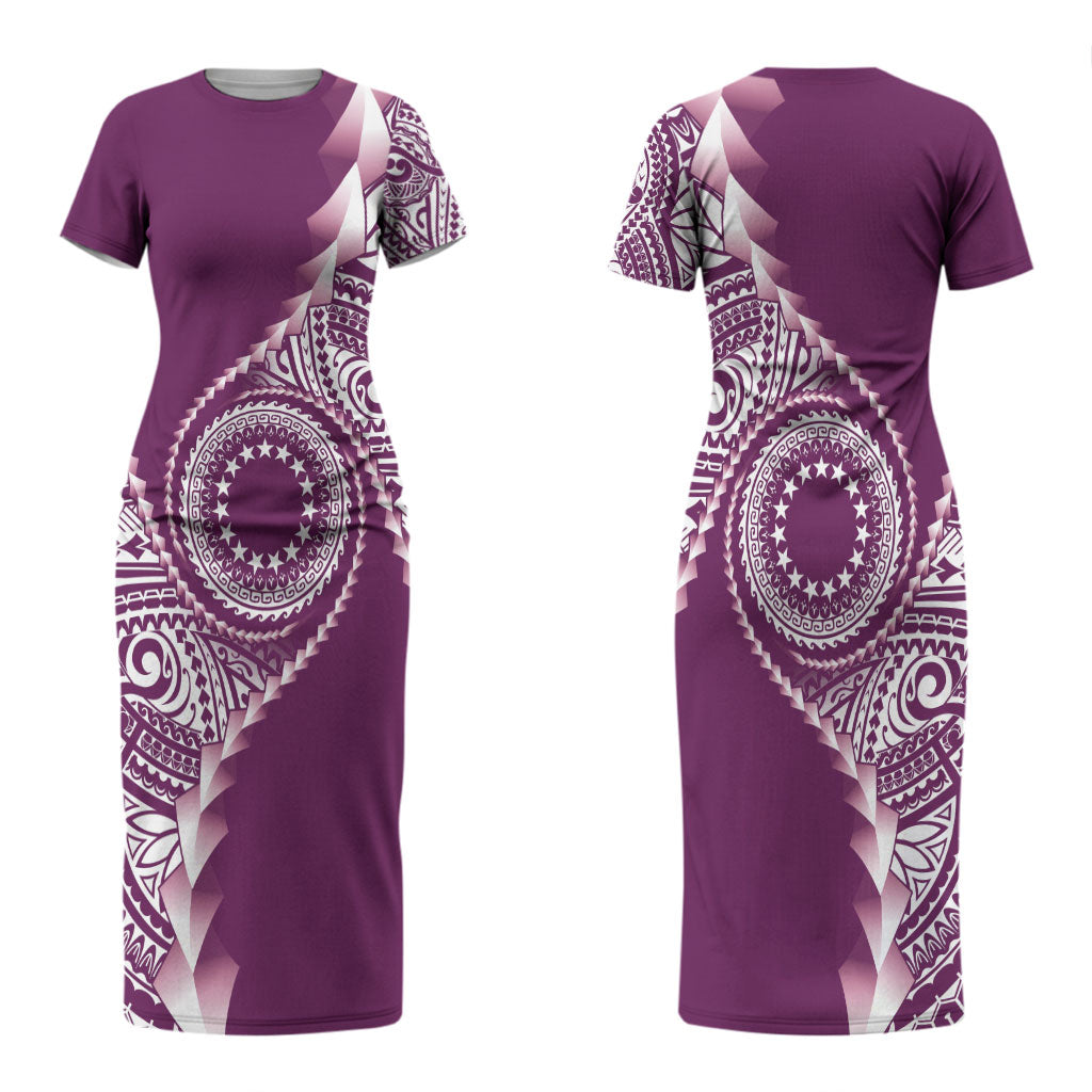 Cook Islands Gospel Day Couples Matching Short Sleeve Bodycon Dress and Long Sleeve Button Shirt Maroon Tribal Curves