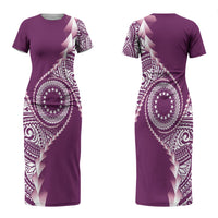 Cook Islands Gospel Day Couples Matching Short Sleeve Bodycon Dress and Long Sleeve Button Shirt Maroon Tribal Curves
