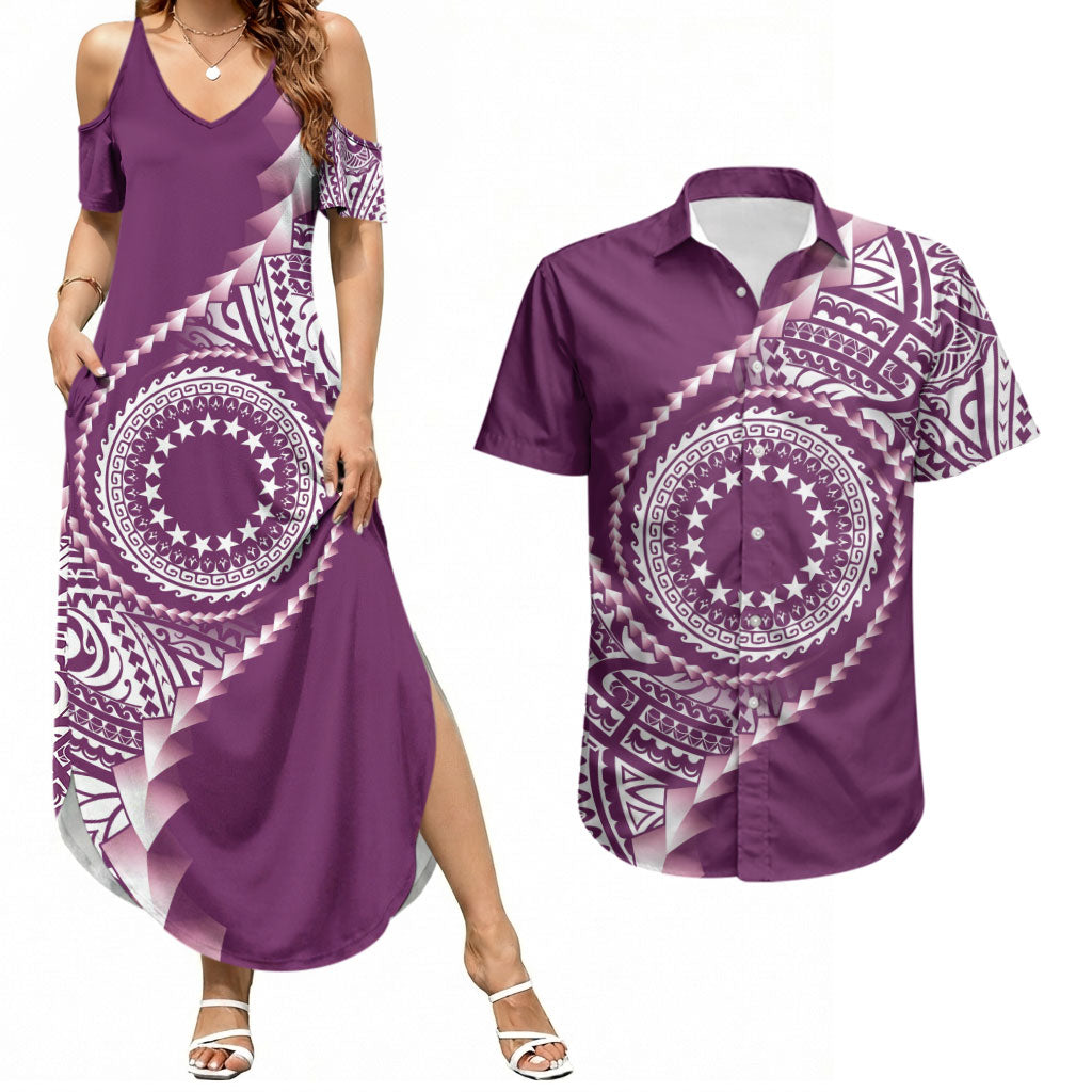 Cook Islands Gospel Day Couples Matching Summer Maxi Dress and Hawaiian Shirt Maroon Tribal Curves