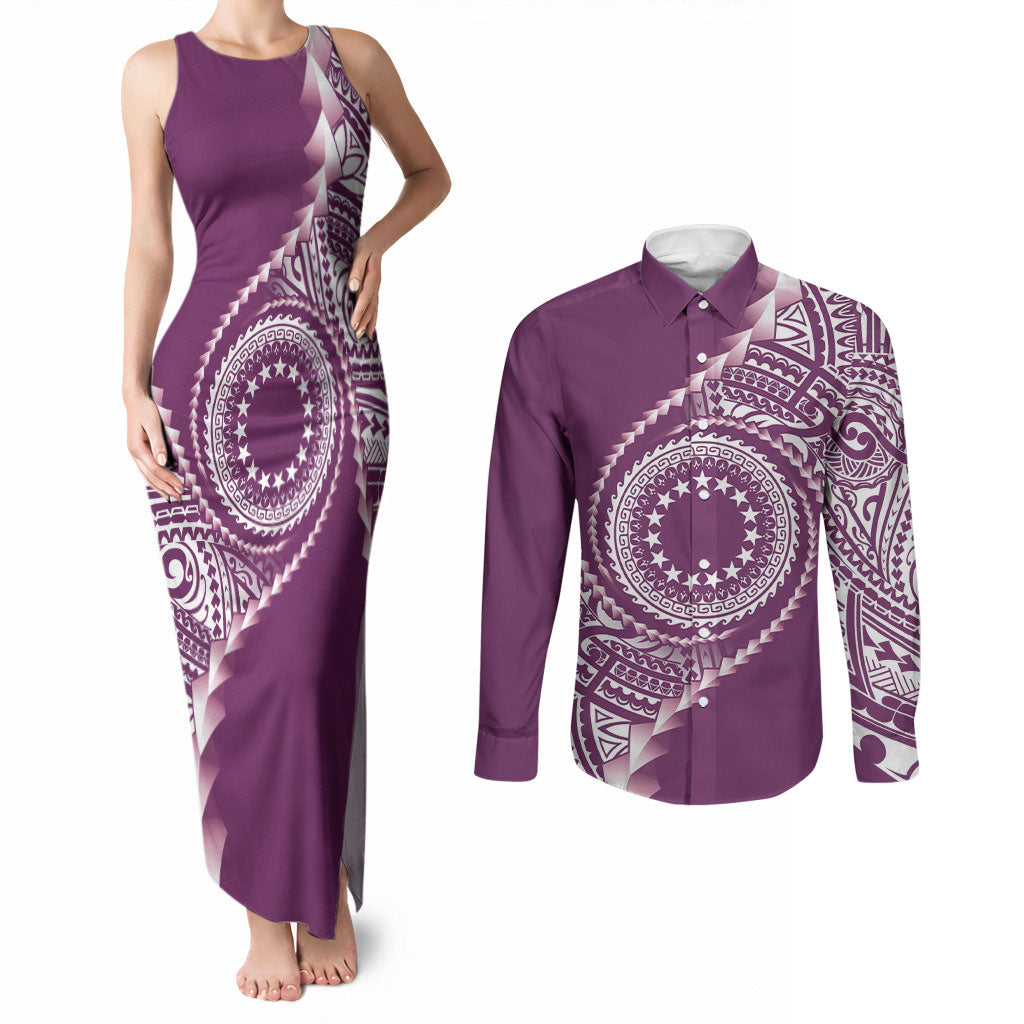 Cook Islands Gospel Day Couples Matching Tank Maxi Dress and Long Sleeve Button Shirt Maroon Tribal Curves