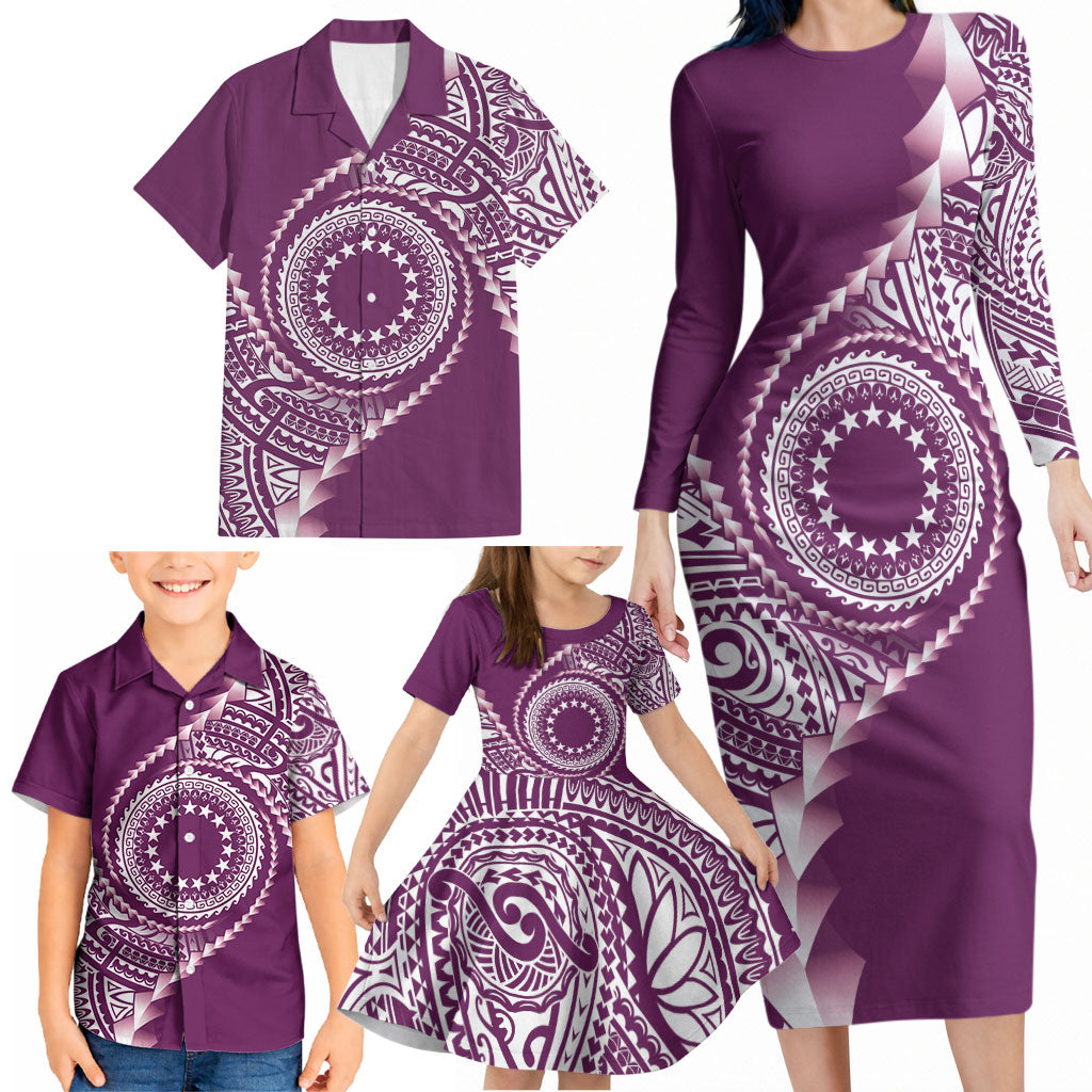 Cook Islands Gospel Day Family Matching Long Sleeve Bodycon Dress and Hawaiian Shirt Maroon Tribal Curves