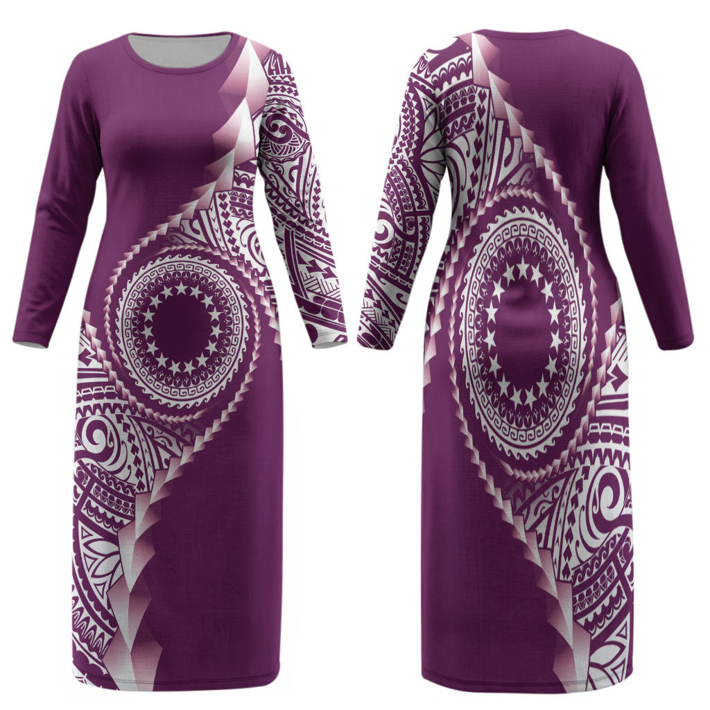 Cook Islands Gospel Day Family Matching Long Sleeve Bodycon Dress and Hawaiian Shirt Maroon Tribal Curves