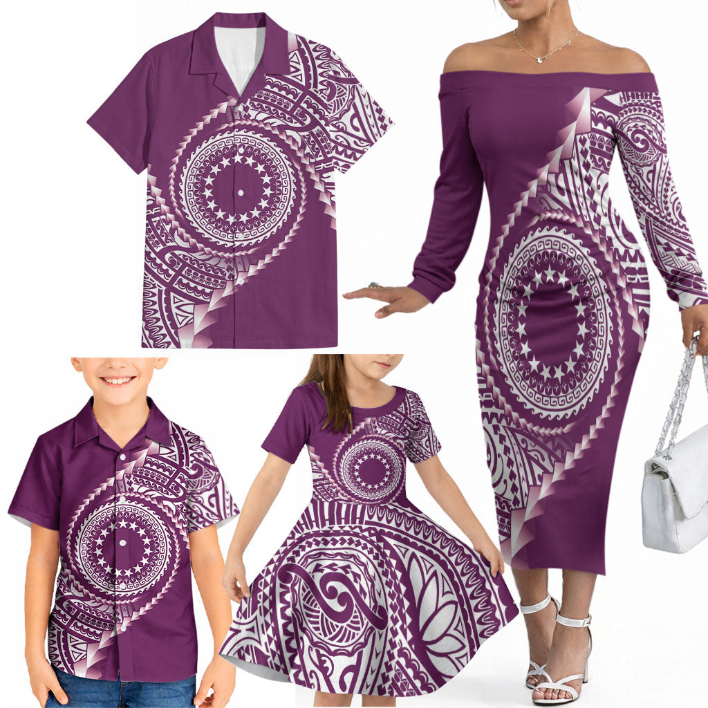 Cook Islands Gospel Day Family Matching Off The Shoulder Long Sleeve Dress and Hawaiian Shirt Maroon Tribal Curves