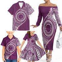 Cook Islands Gospel Day Family Matching Off The Shoulder Long Sleeve Dress and Hawaiian Shirt Maroon Tribal Curves