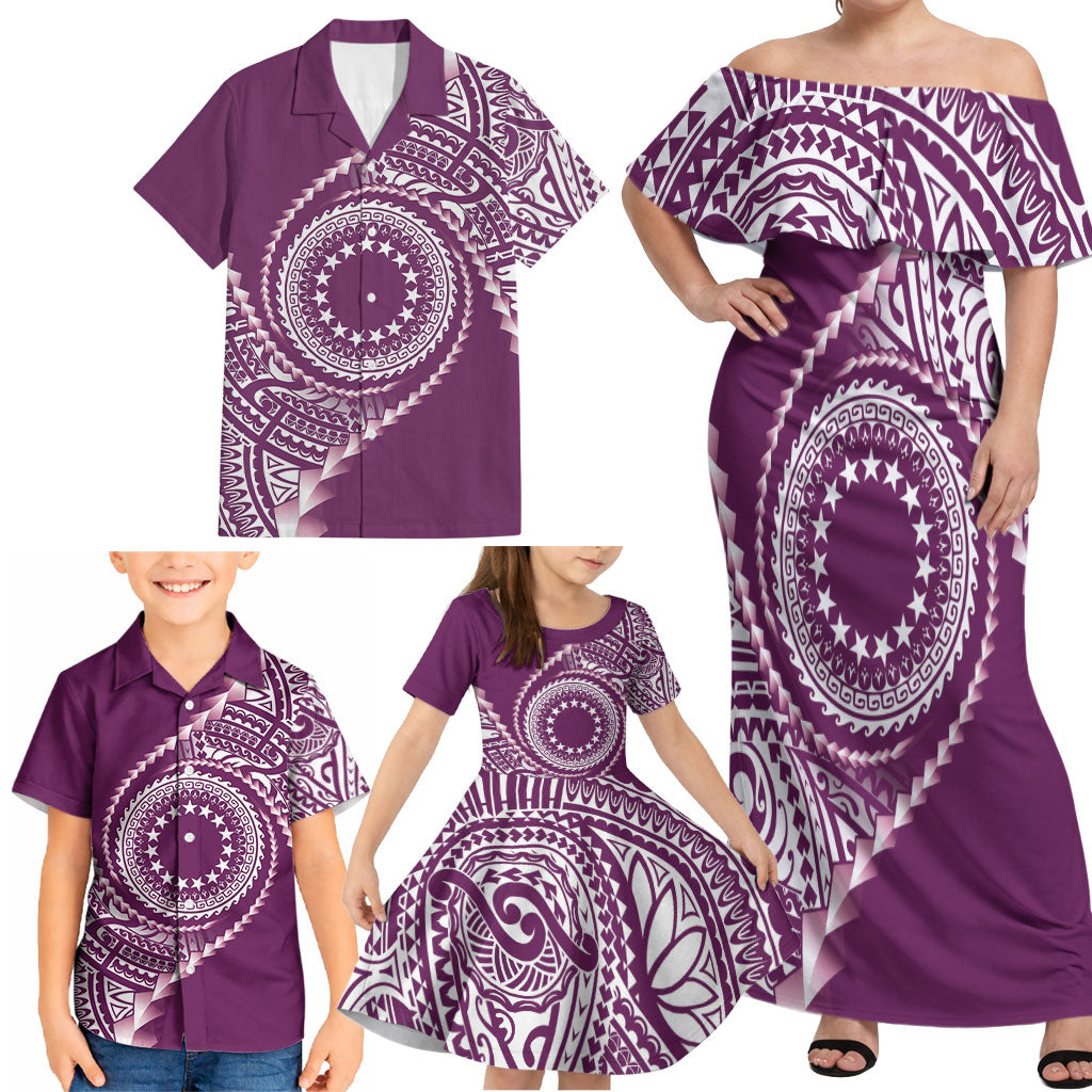 Cook Islands Gospel Day Family Matching Off Shoulder Maxi Dress and Hawaiian Shirt Maroon Tribal Curves