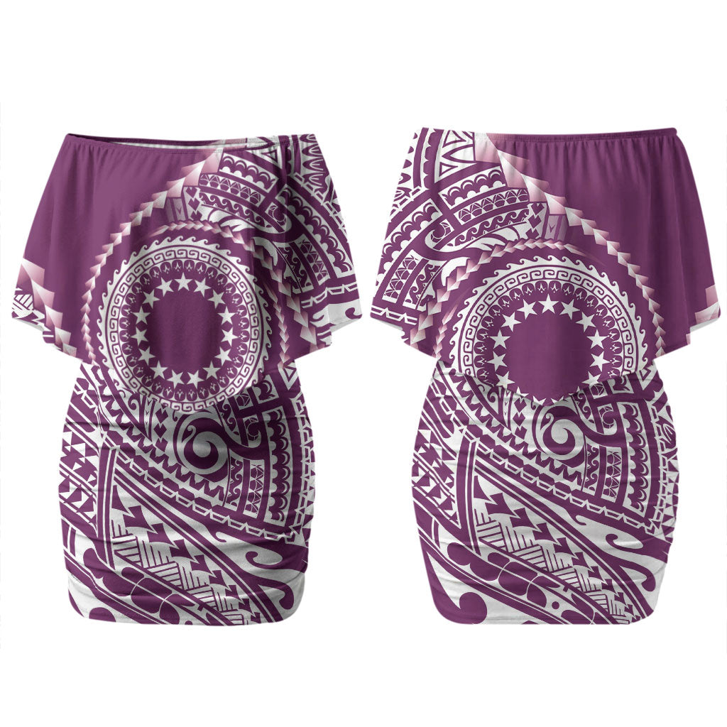 Cook Islands Gospel Day Family Matching Off Shoulder Short Dress and Hawaiian Shirt Maroon Tribal Curves