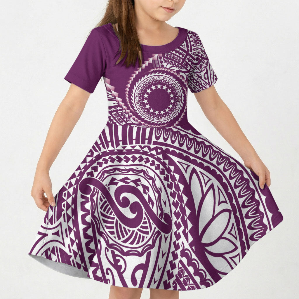Cook Islands Gospel Day Kid Short Sleeve Dress Maroon Tribal Curves