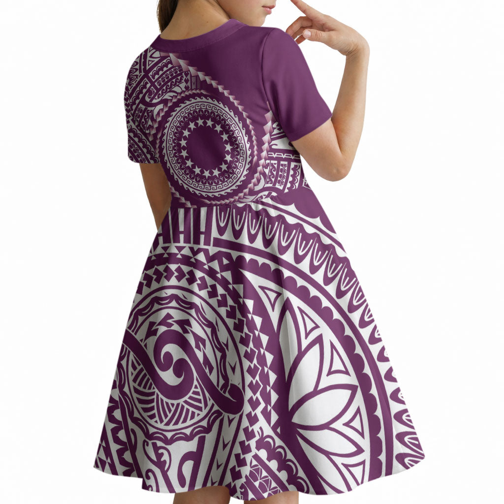Cook Islands Gospel Day Kid Short Sleeve Dress Maroon Tribal Curves
