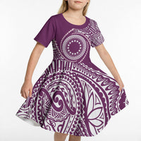 Cook Islands Gospel Day Kid Short Sleeve Dress Maroon Tribal Curves