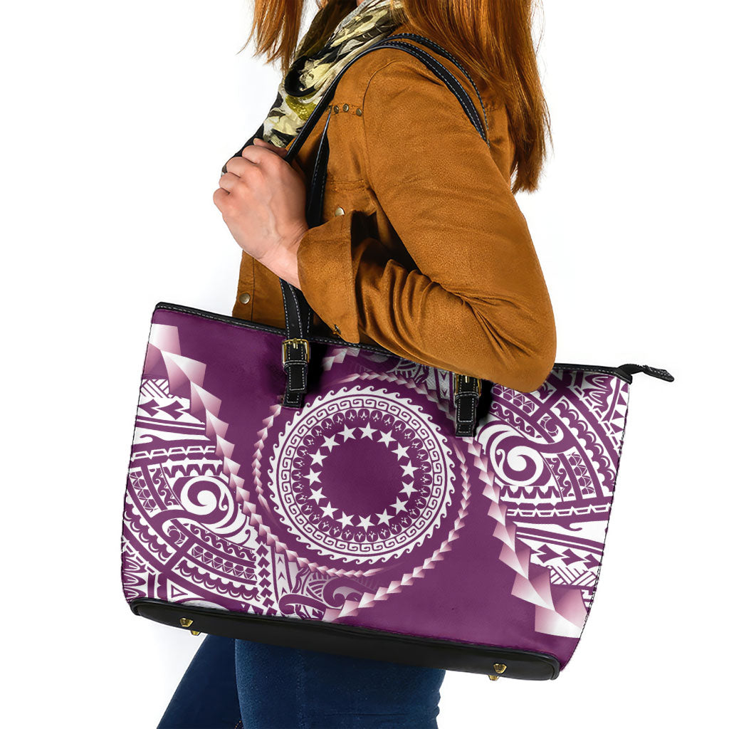 Cook Islands Gospel Day Leather Tote Bag Maroon Tribal Curves