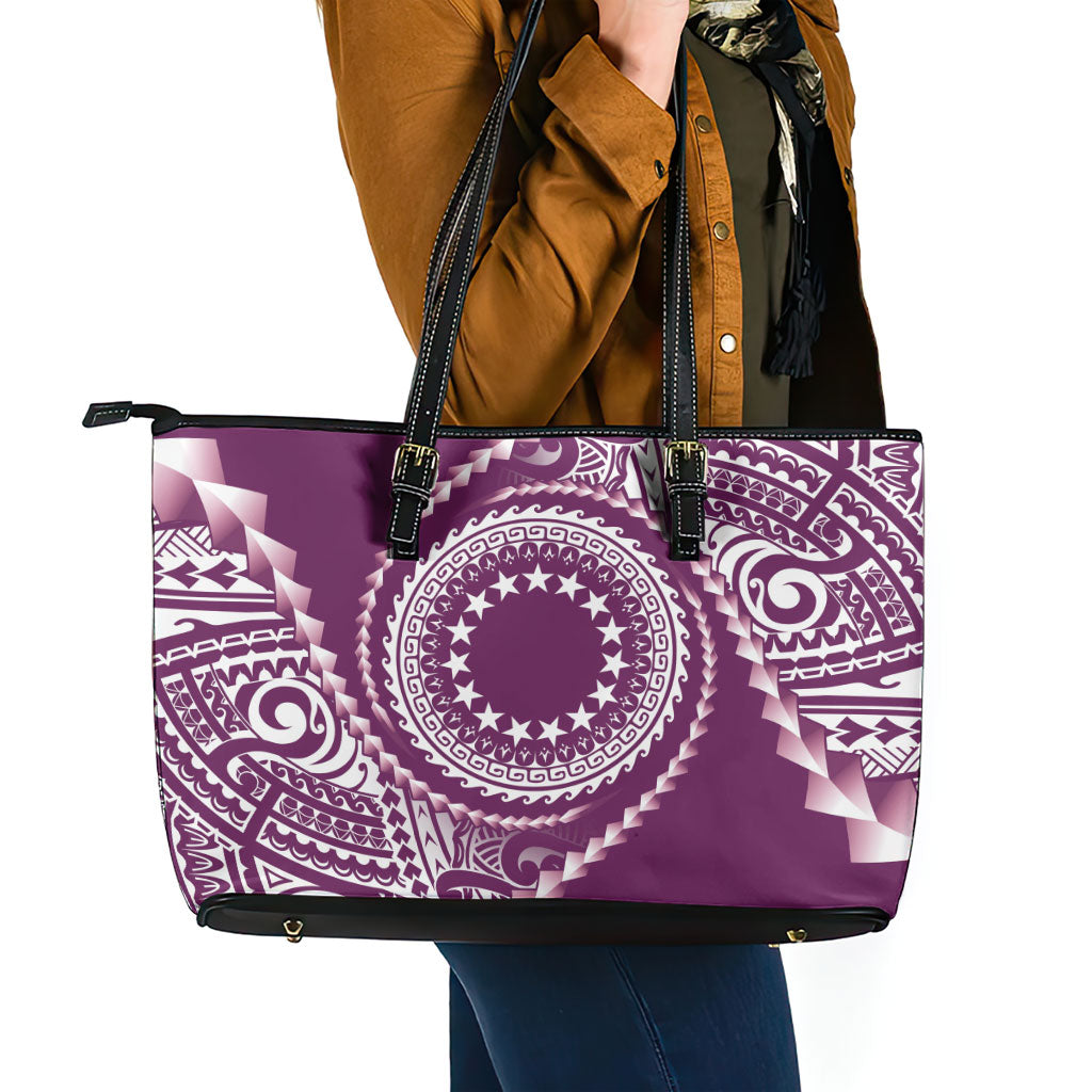 Cook Islands Gospel Day Leather Tote Bag Maroon Tribal Curves