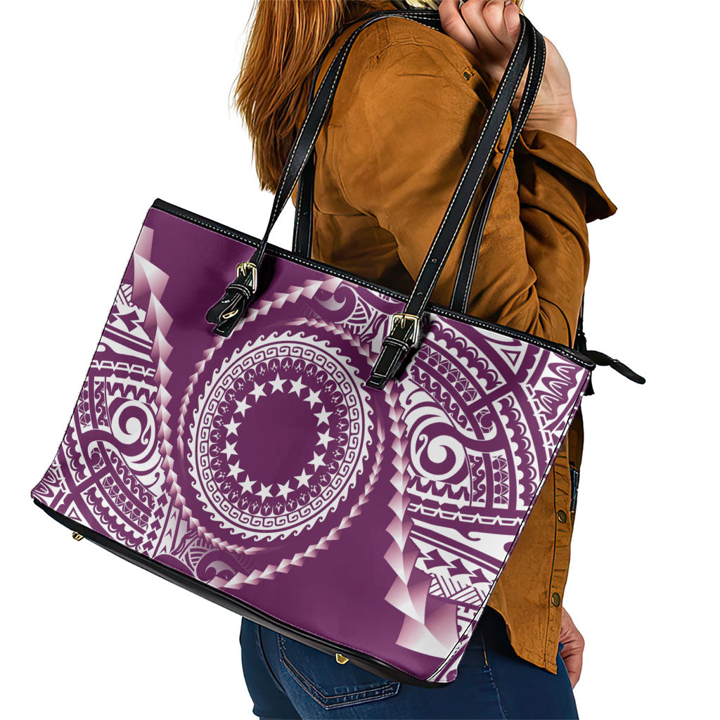 Cook Islands Gospel Day Leather Tote Bag Maroon Tribal Curves