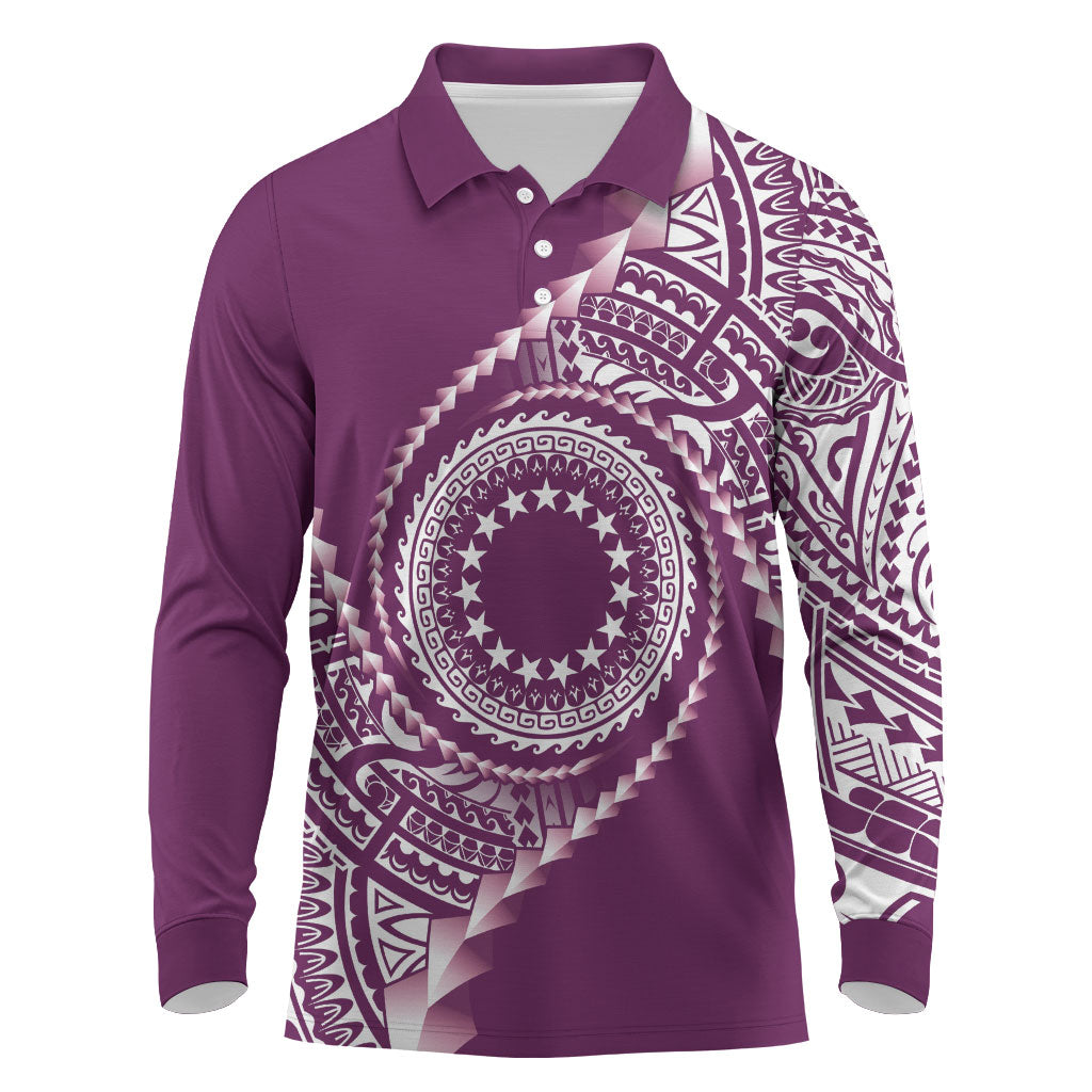 Cook Islands Gospel Day Long Sleeve Polo Shirt Maroon Tribal Curves
