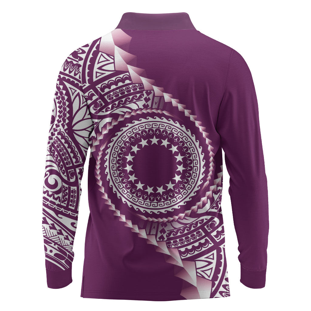 Cook Islands Gospel Day Long Sleeve Polo Shirt Maroon Tribal Curves