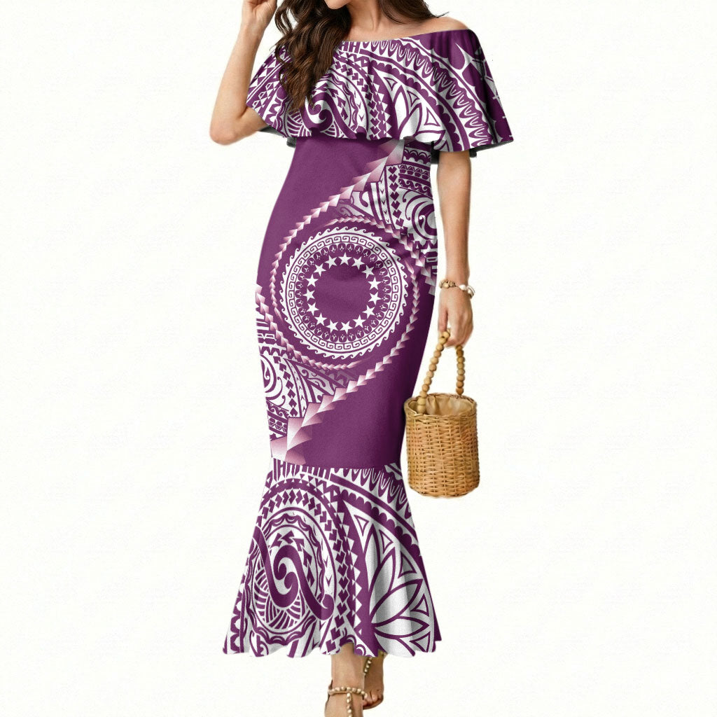 Cook Islands Gospel Day Mermaid Dress Maroon Tribal Curves