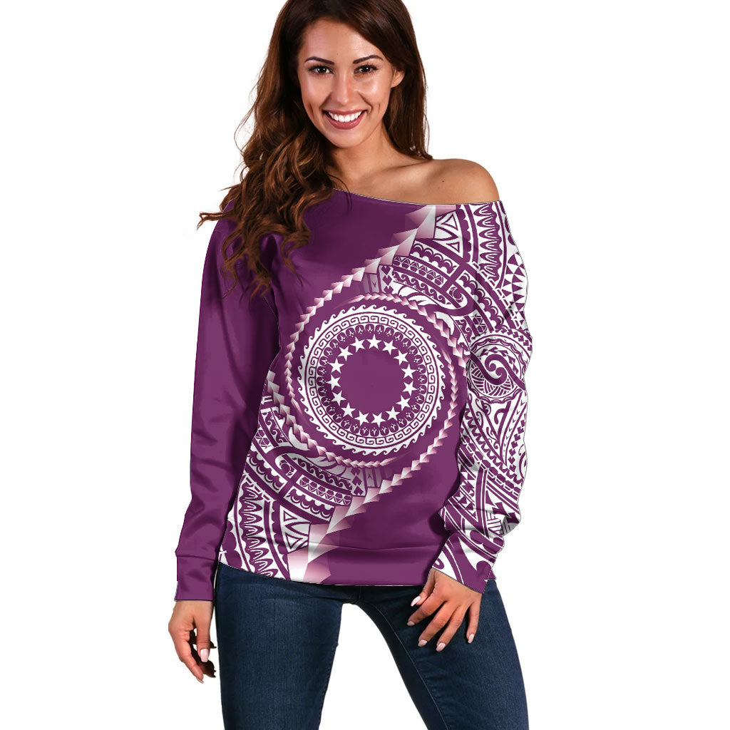 Cook Islands Gospel Day Off Shoulder Sweater Maroon Tribal Curves
