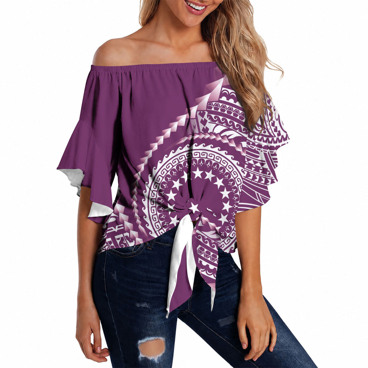 Cook Islands Gospel Day Off Shoulder Wrap Waist Top Maroon Tribal Curves
