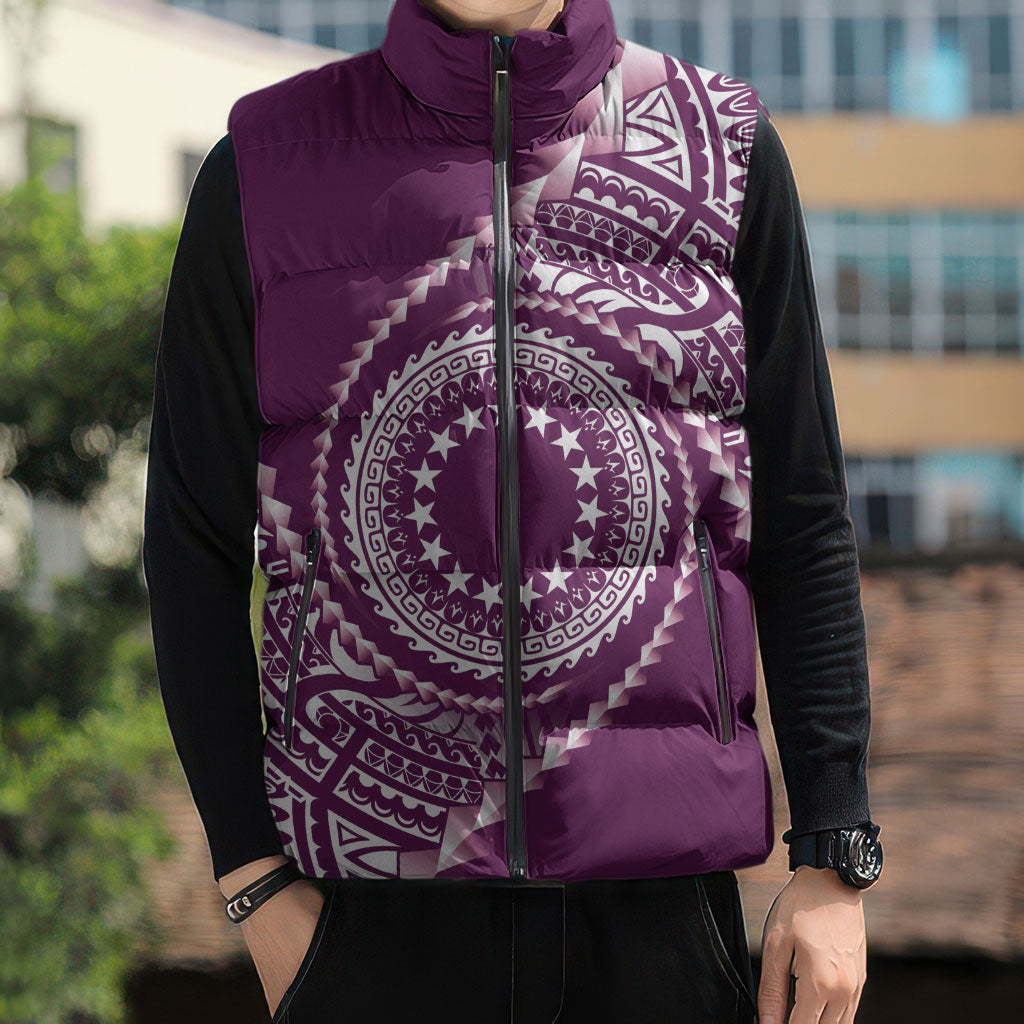 Cook Islands Gospel Day Sleeveless Puffer Jacket Maroon Tribal Curves