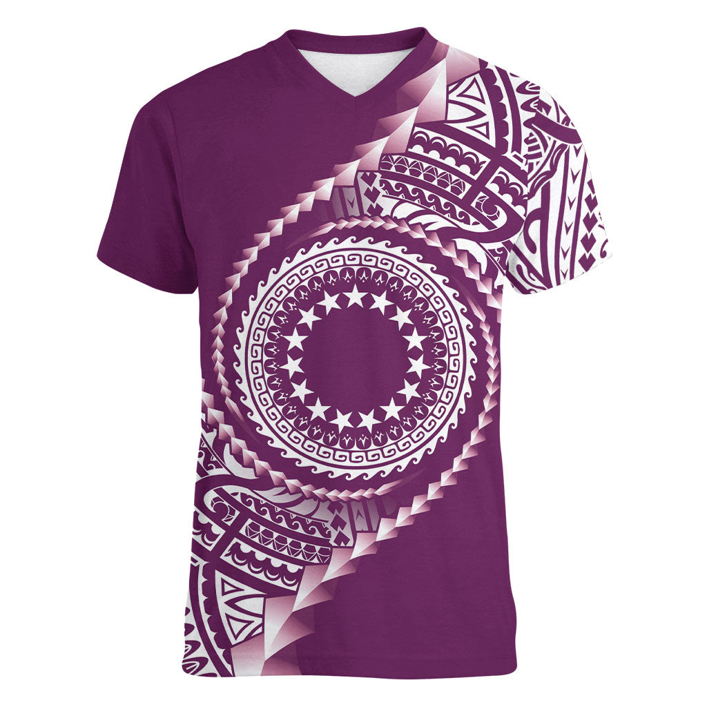 Cook Islands Gospel Day Women V-Neck T-Shirt Maroon Tribal Curves