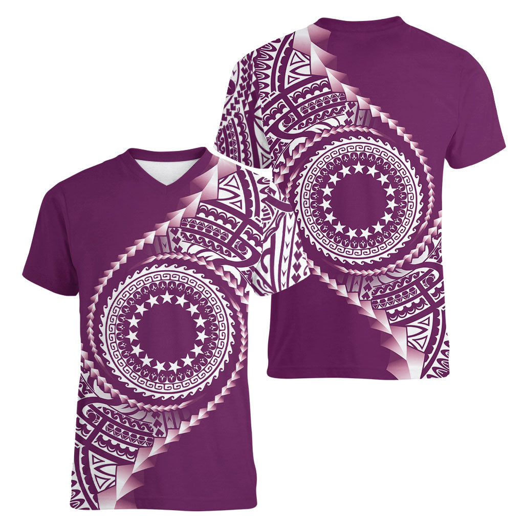 Cook Islands Gospel Day Women V-Neck T-Shirt Maroon Tribal Curves