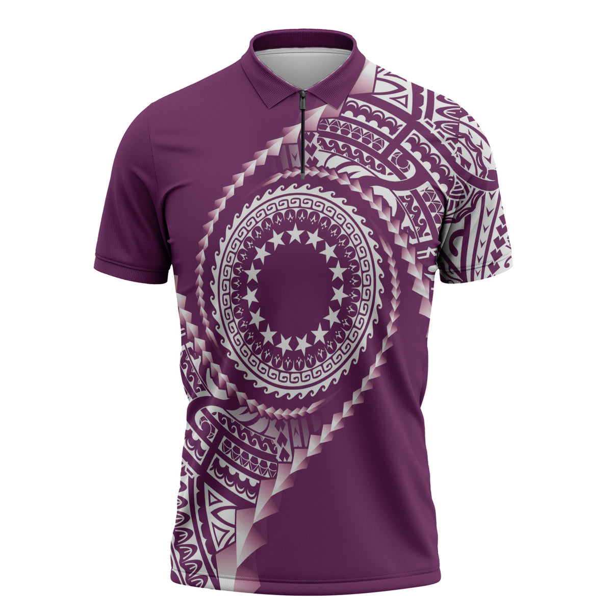 Cook Islands Gospel Day Zipper Polo Shirt Maroon Tribal Curves