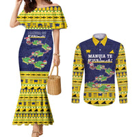 Tokelau Christmas Couples Matching Mermaid Dress and Long Sleeve Button Shirt Tokelauan Turtle Santa Sleigh LT05 Yellow - Polynesian Pride